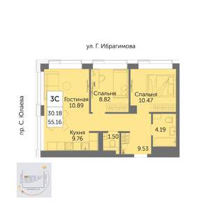 3-к квартира, вторичка, 55м2, 31/32 этаж