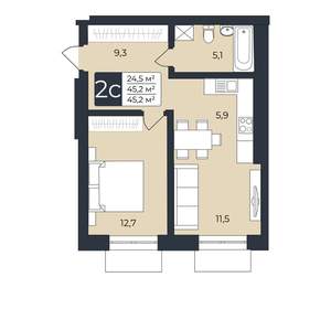 1-к квартира, вторичка, 45м2, 2/25 этаж