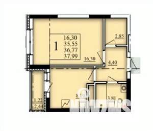 1-к квартира, строящийся дом, 37м2, 16/25 этаж