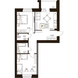 2-к квартира, строящийся дом, 63м2, 9/10 этаж