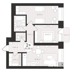 2-к квартира, строящийся дом, 63м2, 8/24 этаж