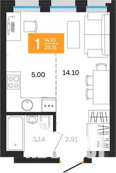 1-к квартира, вторичка, 25м2, 25/25 этаж