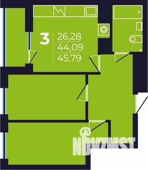 3-к квартира, строящийся дом, 46м2, 11/25 этаж