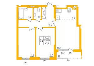 2-к квартира, строящийся дом, 67м2, 13/27 этаж