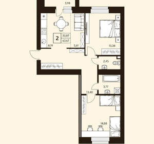 2-к квартира, вторичка, 64м2, 9/10 этаж