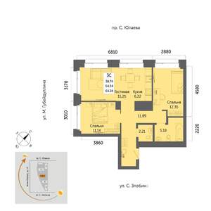 3-к квартира, вторичка, 64м2, 2/32 этаж