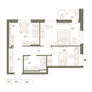2-к квартира, вторичка, 57м2, 2/25 этаж