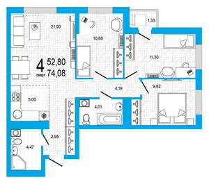 4-к квартира, вторичка, 74м2, 18/25 этаж