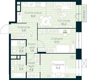 2-к квартира, строящийся дом, 61м2, 4/10 этаж