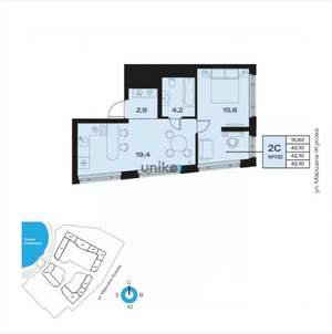 2-к квартира, вторичка, 42м2, 17/32 этаж