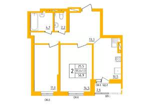 2-к квартира, строящийся дом, 57м2, 19/27 этаж