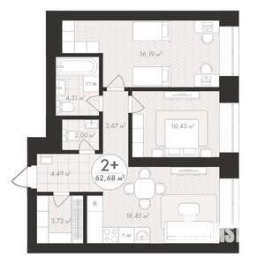 2-к квартира, строящийся дом, 63м2, 12/24 этаж
