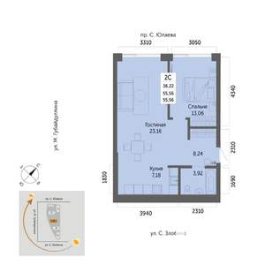 2-к квартира, вторичка, 56м2, 13/32 этаж