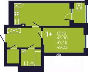 1-к квартира, строящийся дом, 48м2, 9/25 этаж