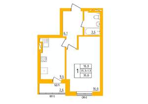 1-к квартира, строящийся дом, 37м2, 14/27 этаж