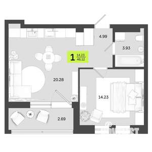 1-к квартира, вторичка, 46м2, 3/14 этаж