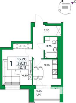 1-к квартира, вторичка, 38м2, 18/20 этаж