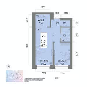 2-к квартира, вторичка, 48м2, 7/13 этаж