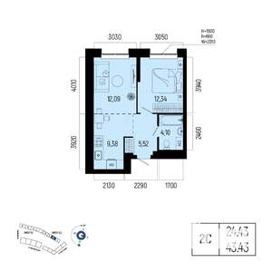 2-к квартира, вторичка, 43м2, 22/25 этаж