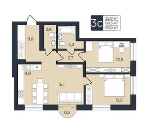 2-к квартира, вторичка, 69м2, 23/25 этаж