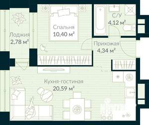 1-к квартира, строящийся дом, 41м2, 25/30 этаж