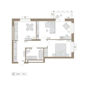 2-к квартира, вторичка, 57м2, 3/25 этаж