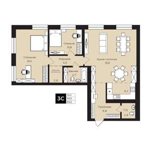 2-к квартира, вторичка, 99м2, 17/25 этаж