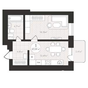 1-к квартира, строящийся дом, 37м2, 3/24 этаж