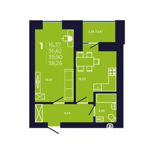 1-к квартира, строящийся дом, 38м2, 9/12 этаж