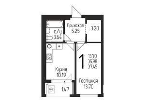 1-к квартира, строящийся дом, 37м2, 13/24 этаж
