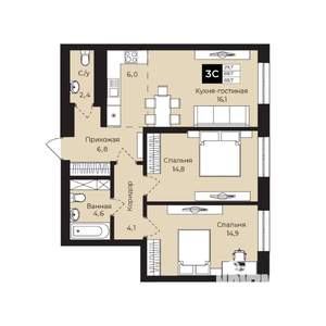 2-к квартира, вторичка, 70м2, 15/25 этаж