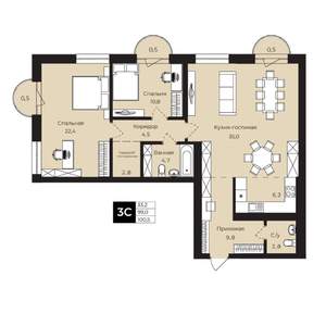 2-к квартира, вторичка, 101м2, 4/25 этаж