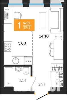 1-к квартира, вторичка, 25м2, 17/25 этаж