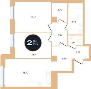 2-к квартира, вторичка, 75м2, 5/15 этаж