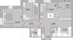 3-к квартира, строящийся дом, 77м2, 4/24 этаж