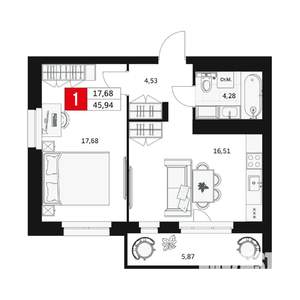 1-к квартира, вторичка, 46м2, 2/15 этаж