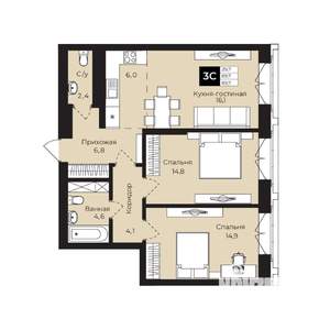 2-к квартира, вторичка, 70м2, 12/25 этаж