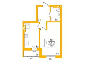 1-к квартира, строящийся дом, 37м2, 1/27 этаж