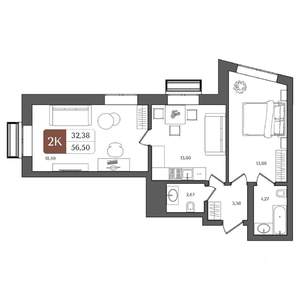 2-к квартира, вторичка, 57м2, 16/21 этаж