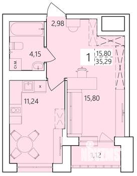 1-к квартира, строящийся дом, 35м2, 21/25 этаж