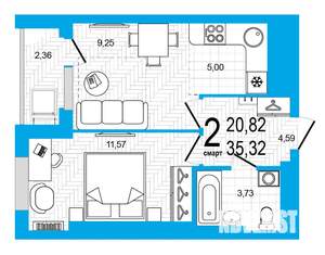 2-к квартира, строящийся дом, 35м2, 23/25 этаж