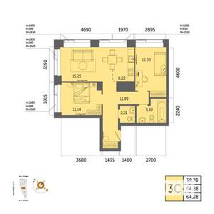 3-к квартира, вторичка, 64м2, 10/32 этаж