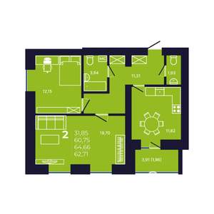 2-к квартира, строящийся дом, 63м2, 2/12 этаж