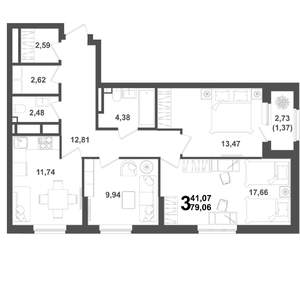 3-к квартира, вторичка, 79м2, 17/21 этаж