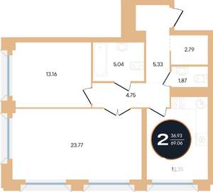 2-к квартира, вторичка, 69м2, 5/15 этаж