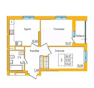 2-к квартира, вторичка, 54м2, 22/27 этаж