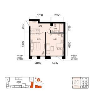 2-к квартира, вторичка, 38м2, 9/9 этаж