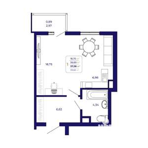 1-к квартира, вторичка, 38м2, 11/25 этаж