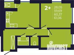 2-к квартира, строящийся дом, 60м2, 9/25 этаж