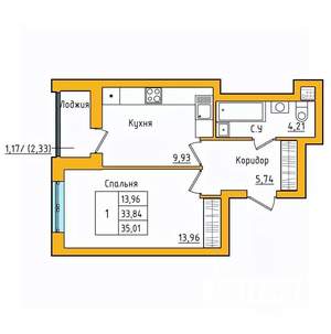 1-к квартира, строящийся дом, 35м2, 22/27 этаж